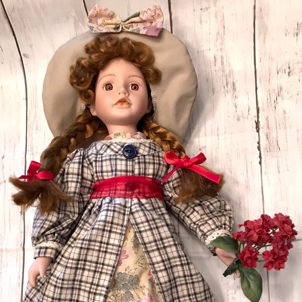 PORCELAIN COUNTRY GIRL DOLL BROWN HAIR & EYES IN PIGTAILS & CURLY BANGS 17 inch